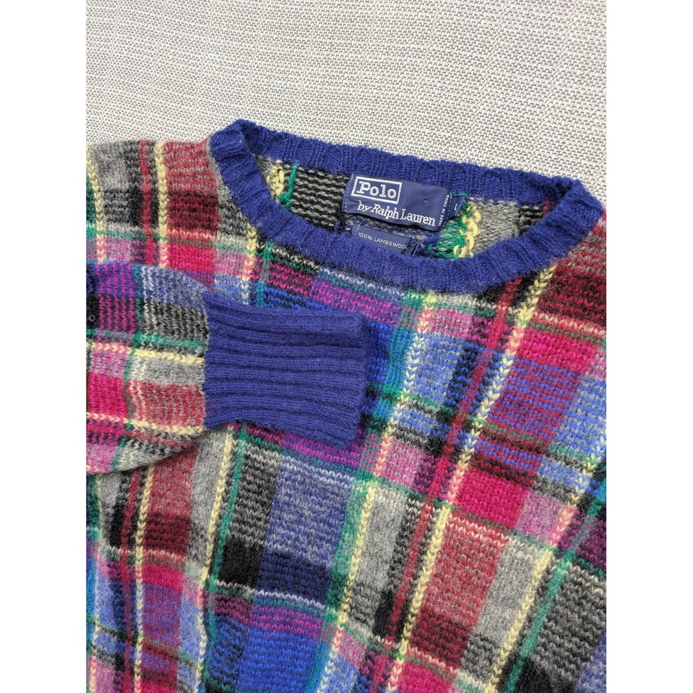 Polo By Ralph Lauren Sweater Mens Large Multicolor Plaid Lambswool Crewneck